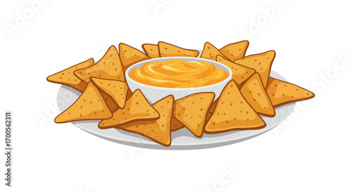 Plate of tortilla chips with cheese dip on white background