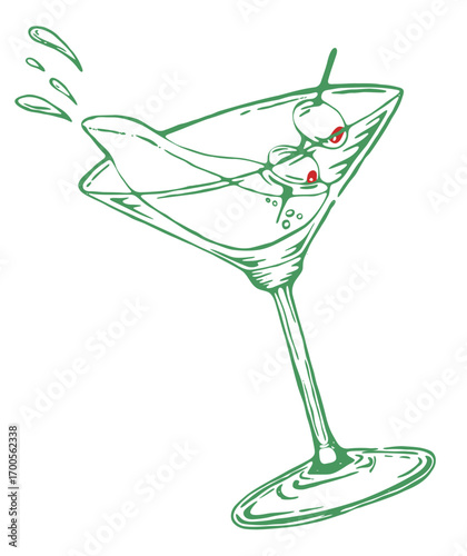 Spilled Martini Glass Sketch Drawing with Two Olives Full Color