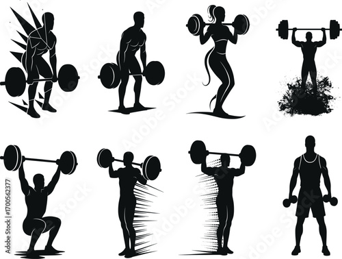 Stylized weightlifting illustration set featuring barbell and dumbbell exercises, motion effects, and strength poses for fitness design and merch