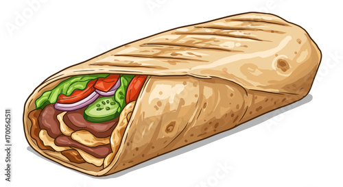 Delicious burrito with fresh ingredients wrapped in flatbread