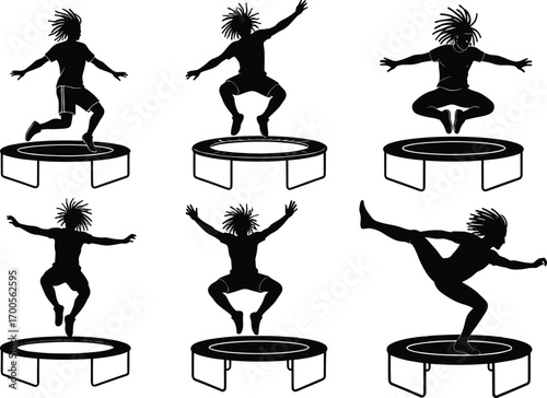 Trampoline jump silhouette set featuring dynamic poses, athletic gestures, and expressive movement for fitness, dance, and merch design