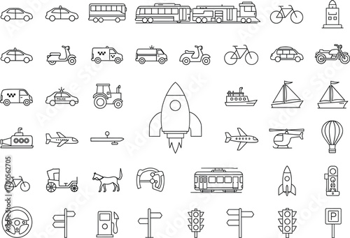 Transportation icon set, black line style, vehicle symbols, travel graphics, vector illustration, mobility pack, traffic signs, urban transport collection