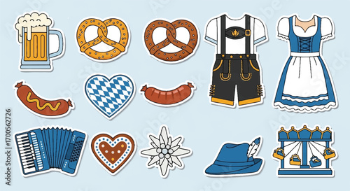 A charming collection of iconic German festival elements, featuring traditional attire, delicious food, and cultural symbols perfect for celebrating Bavarian traditions