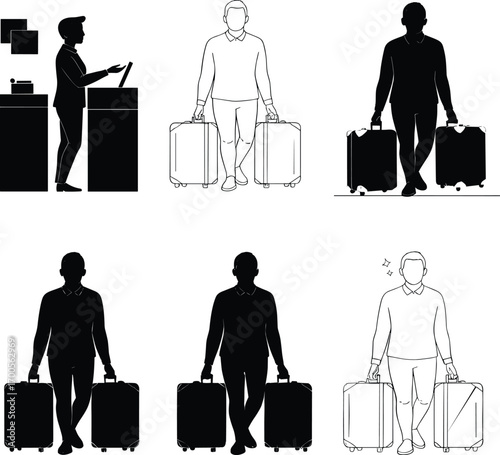 Travel and reception silhouette set featuring rolling suitcases, hotel desk interaction, and walking poses for design, education, and merch