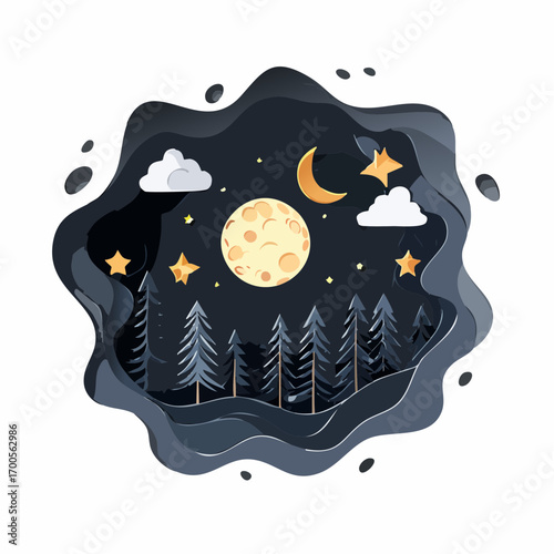Night forest landscape with full moon and stars in paper-cut style.
