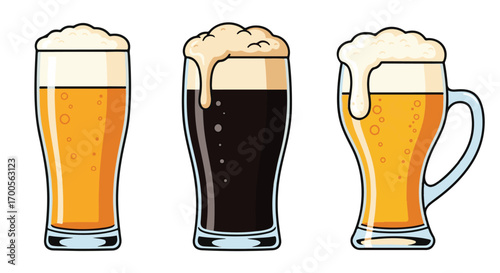 Collection of Beer Glasses Variety of Brews, Lager, Stout, and Ale Illustration for Beverages and Pub Designs