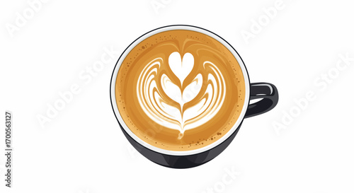 Top view of latte with heart tulip art in black cup on white background