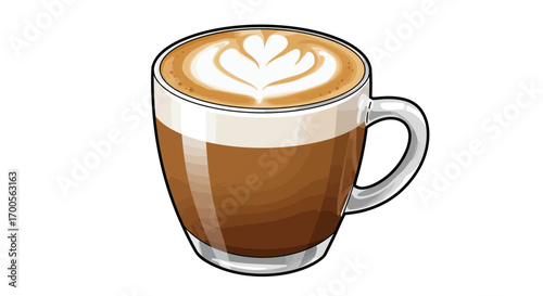Realistic cappuccino with latte art in transparent glass mug