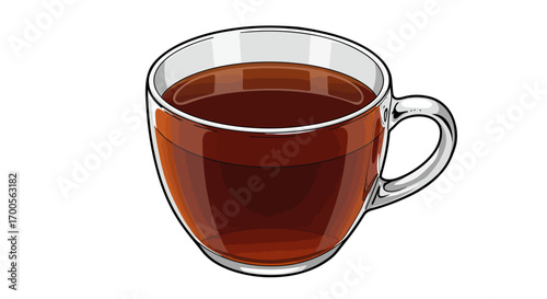 Transparent glass mug filled with hot black tea on white background