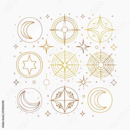 Set of golden mystical celestial line art stars and moons isolated on white