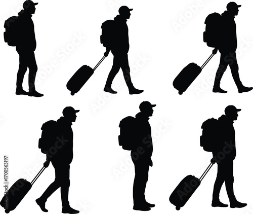 Traveler silhouette illustration set featuring walking poses, backpack and suitcase gestures for commuting, tourism, animation, and merch design