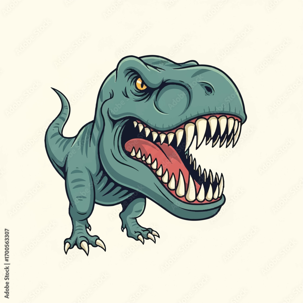 Fototapeta premium Vintage-style illustration of an enraged T-Rex with an open mouth and sharp teeth on a plain white background.