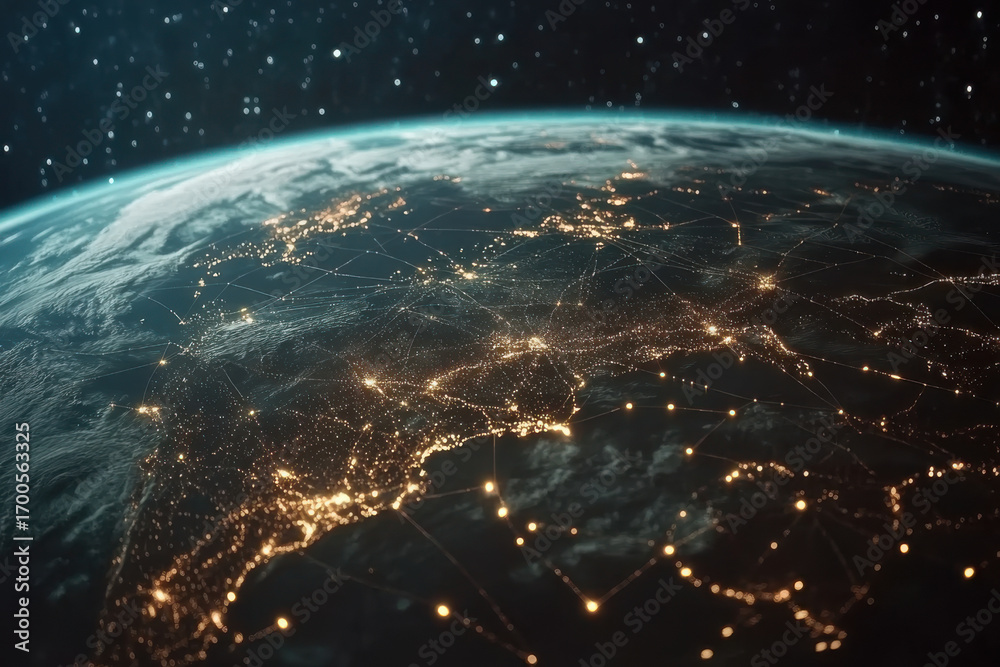 Obraz premium Planet Earth rotating showing connections between European cities at night