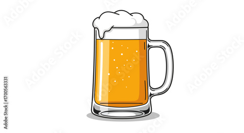 Frothy beer mug with bubbles on white background