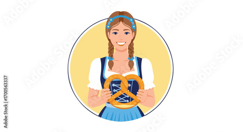 Cheerful German woman in traditional dirndl dress holding a pretzel for the Oktoberfest festival, isolated vector character illustration
