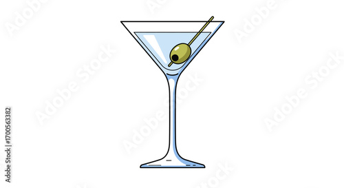 Minimalist martini glass with olive on white background