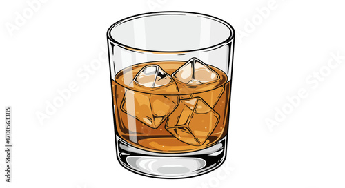 Detailed glass of whiskey with ice cubes on transparent background