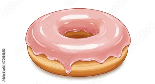 Delicious pink glazed donut with dripping icing on white background