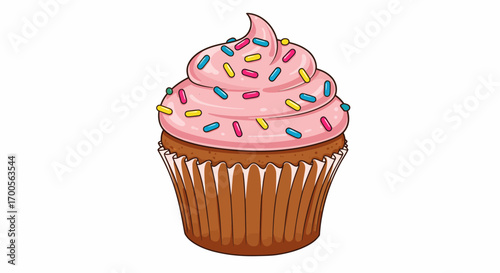 Delicious cupcake with pink frosting and colorful sprinkles on white background