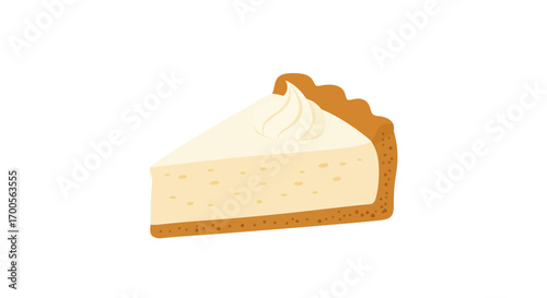 Creamy cheesecake slice with crumbly crust and whipped topping on white background