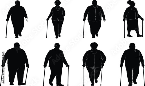 Walking cane user silhouette set featuring diverse postures, clothing styles, and mobility gestures for accessibility design and health merch