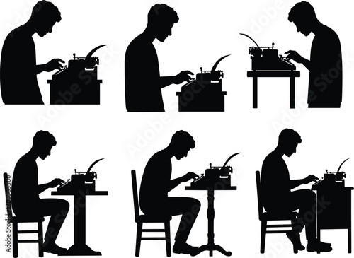 Typewriter silhouette illustration set featuring seated and standing poses, vintage writing gestures, and desk variations for design and merch