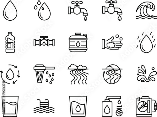 Water icon set, black line style, cartoon conservation symbols, vector illustration, hygiene graphics, filtration pack, sustainability design bundle