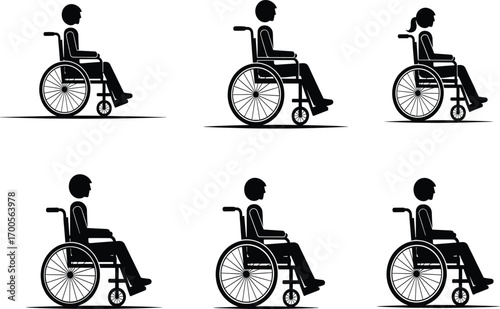 Wheelchair user silhouette illustration set featuring seated profiles, diverse hairstyles, and inclusive poses for accessibility design and education