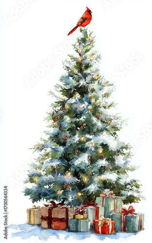 watercolor christmas tree with red cardinal and gift boxes, festive holiday illustration for greeting cards, winter decor, and seasonal design projects