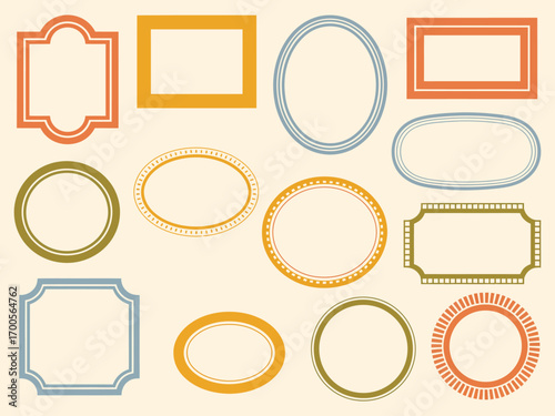 Cute and elegant hand drawn doodle wave frame set with colorful borders, minimal blank square kits, retro ornament banners, rectangle postal stamps, oval arches, and festive celebration frames