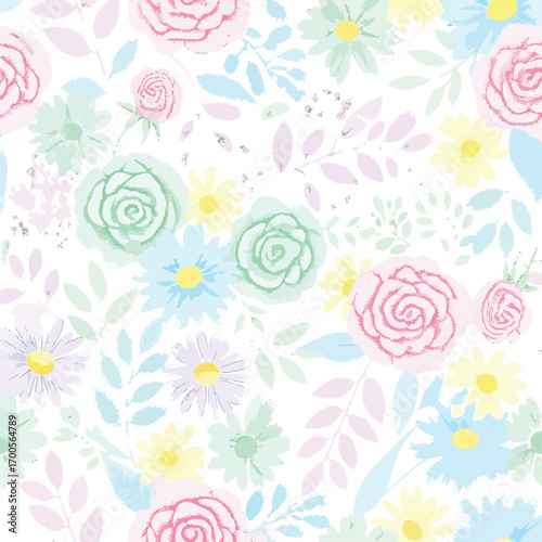 Pastel floral pattern with roses, daisies and leaves for a cheerful spring look, seamless pattern, royalty stock.