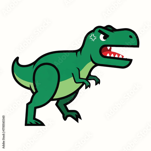 Vintage-style illustration of an enraged green T-Rex with a starburst on its cheek, depicted in a dynamic pose against a clean white background.