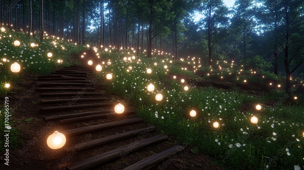 Obraz premium A wooden staircase winds through a lush bamboo forest, softly lit by glowing lanterns, creating a serene and inviting path in the night