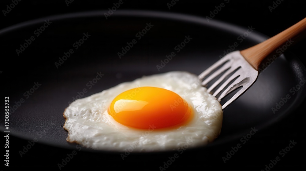 custom made wallpaper toronto digitalFlipping a Fried Egg in a Non-Stick Pan with a Fork on a Dark Background