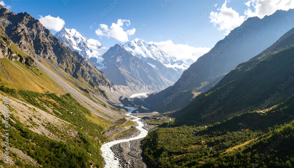 Naklejka premium Majestic Mountain Valley with Winding River A Breathtaking Landscape