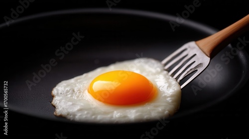 Wallpaper Mural Flipping a Fried Egg in a Non-Stick Pan with a Fork on a Dark Background Torontodigital.ca