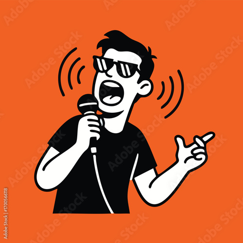 Cartoon man singing into a microphone wearing sunglasses orange background