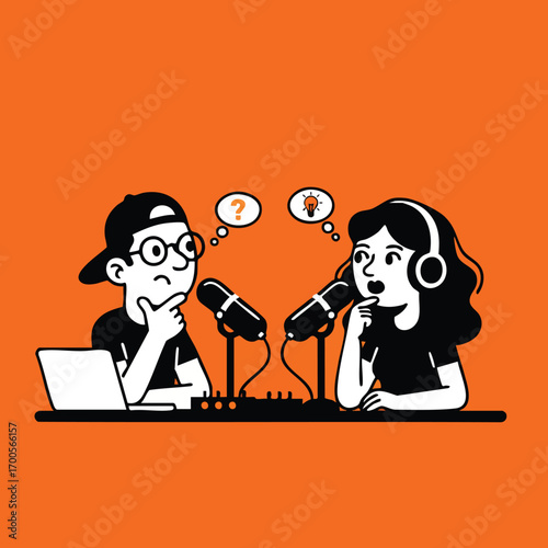 Two people podcasting with microphones One has a question mark thought bubble the other has a lightbulb