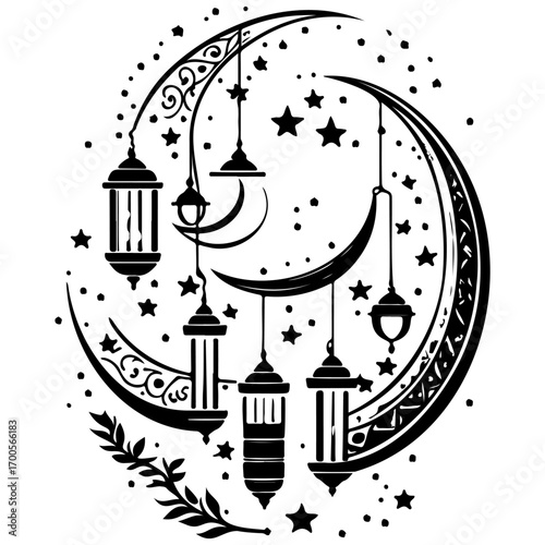 Ramadan Lantern Hanging Crescent Moon illustration sketch draw