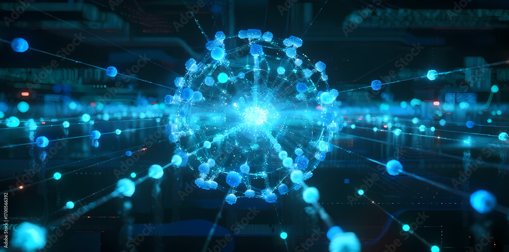 Fototapeta premium A glowing blue molecular structure surrounded by interconnected nodes in a digital space