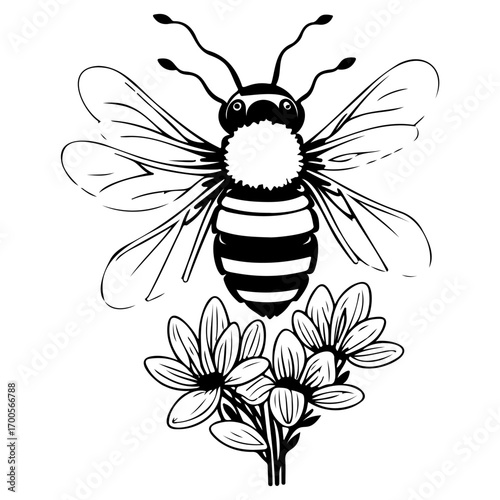 Bee on flower spring illustration sketch hand draw
