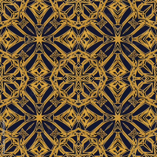 Ornate geometric pattern in gold and navy creates a luxurious decorative effect, patern seamless, royalty stock.
