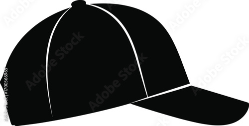 Black silhouette illustration of baseball cap, casual headwear design, sports and fashion accessory concept, vector art, flat style, minimal design
