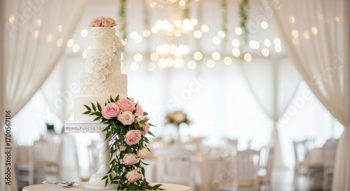 Fototapeta Naklejka Na Ścianę i Meble -  Elegant wedding cake adorned with pink roses in a bright venue with white curtains and soft lighting for a romantic celebration isolated on white background