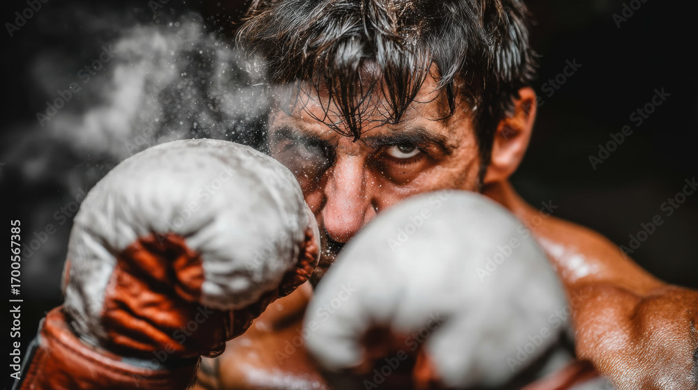 Obraz premium Moody male boxer with intense stare and raised gloves in gritty underground fight scene, sweat and dust flying as he steps forward with determination and raw athletic power