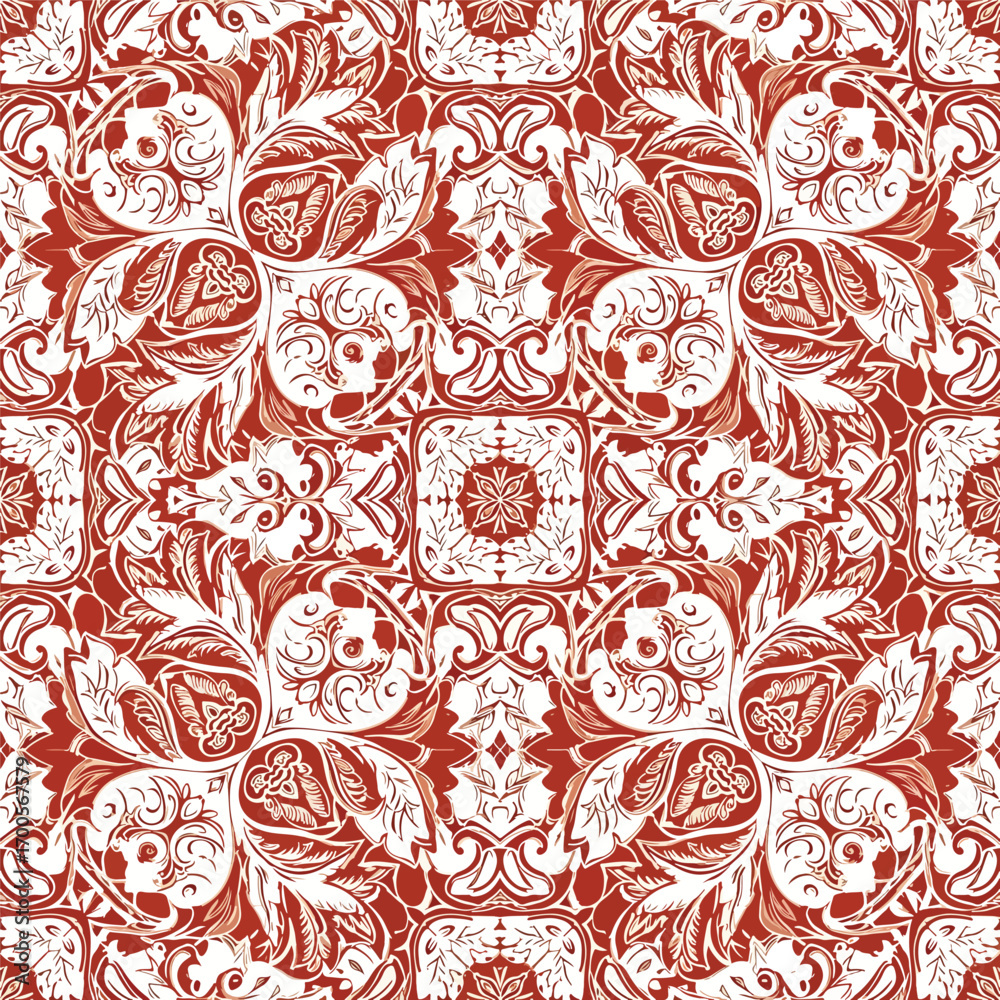 Fototapeta premium Ornate floral pattern with symmetrical design in shades of red and white, patern seamless, royalty stock.