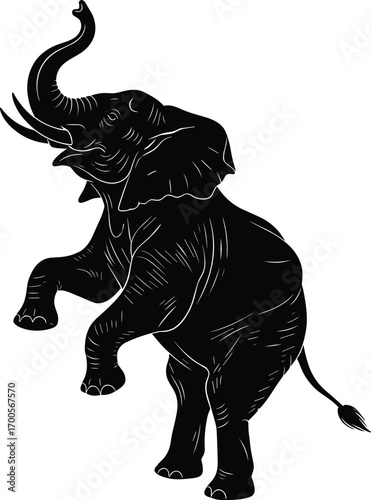 Black silhouette illustration of elephant standing on hind legs with raised trunk, wildlife and animal behavior concept, vector art, flat design, minimal style