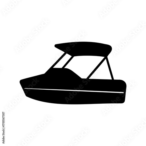 Sleek silhouette of a motorboat cruising on water with awning over passengers