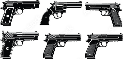 Black and white silhouette illustration of six different handguns, revolver and pistols, firearm collection concept, weapon design vector art, flat style