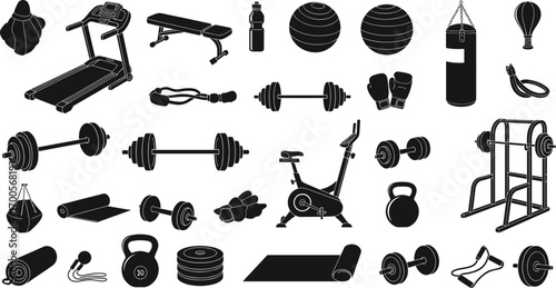 Black silhouette illustration of gym and fitness equipment, workout and exercise gear collection, sports training concept, vector art, flat design, minimal style